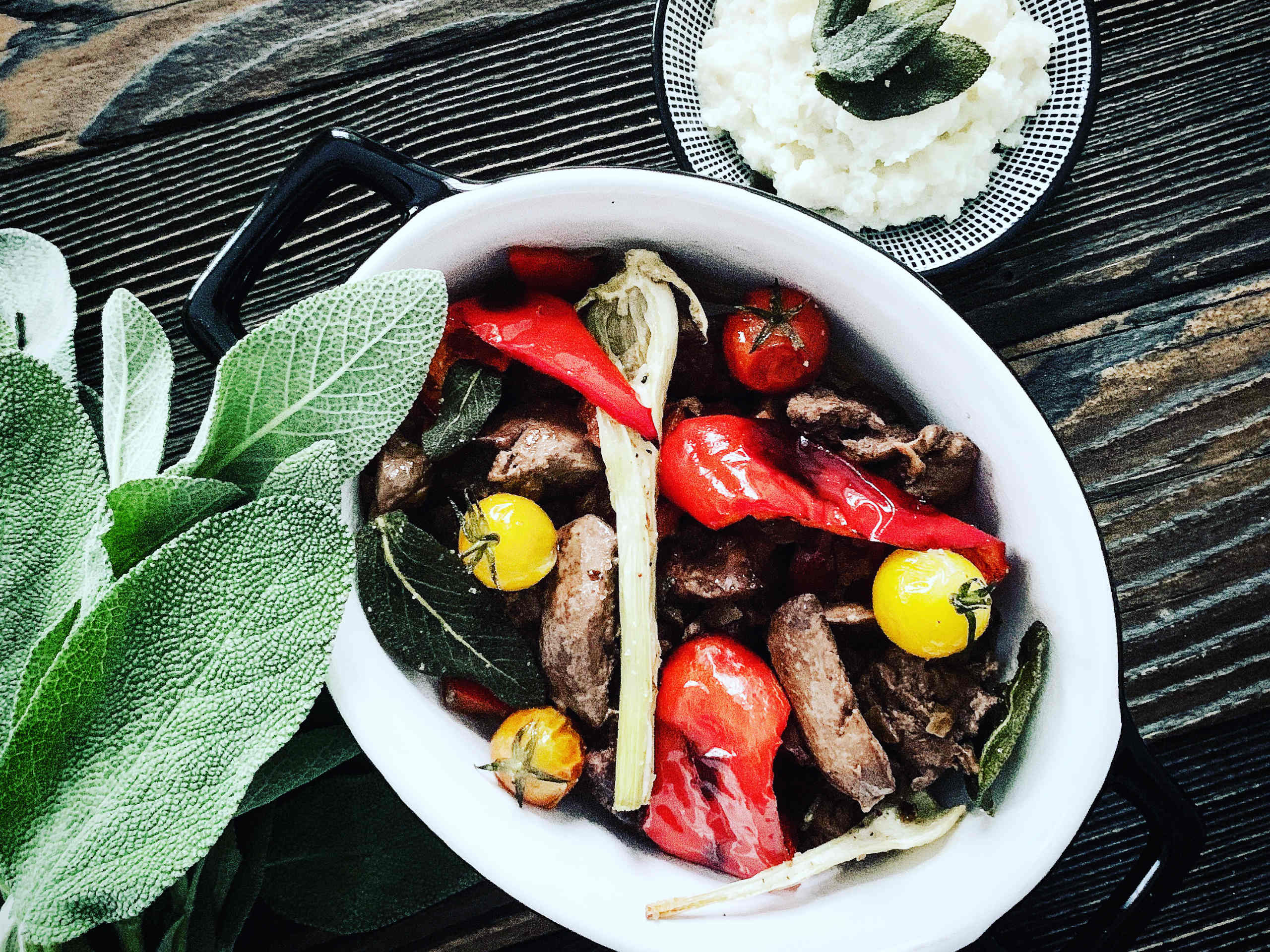Chicken liver with peppers, tomatoes, fennel, sage and cauliflower puree